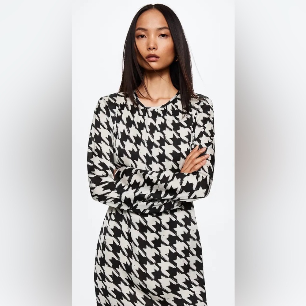 MANGO Committed Houndstooth Mini Dress Size 6 Long Sleeve Lined NWT - Picture 3 of 5
